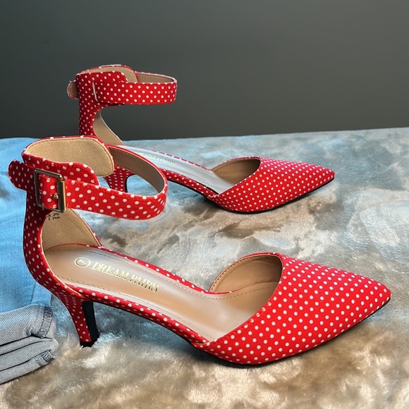 Red & White super cute sexy low heels Anke strap fabric  size 7 ladies - Picture 10 of 11
